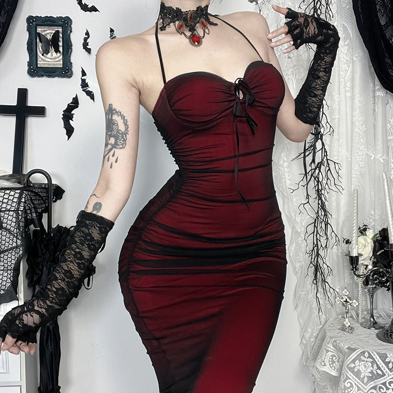 Halter Neck Ruched Lace Up Sheer Mesh Mermaid Maxi Dress