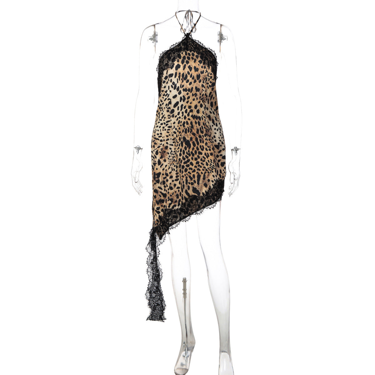 Leopard Print Satin Halter Neck Lace Trim Asymmetric Hem Mini Dress 5