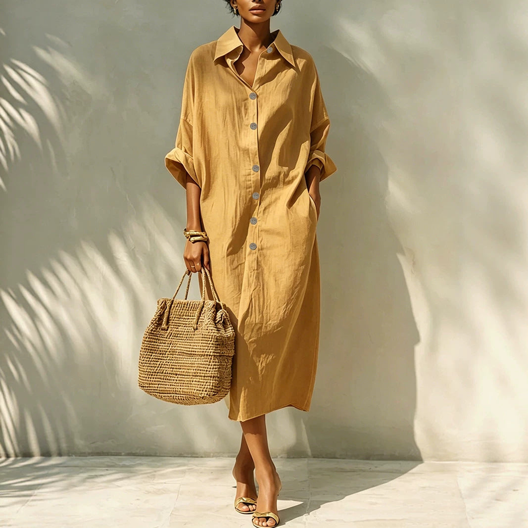 Collared Button Front Batwing Sleeve Oversized Midi Shirt Dress 3