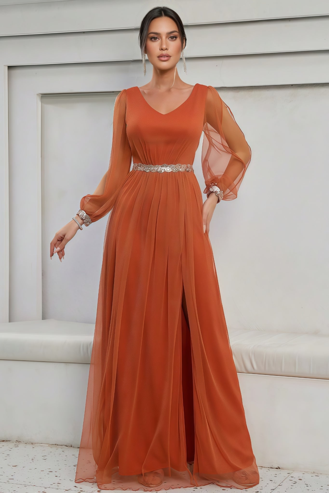 Kole Orange V-neck Mesh Slit Maxi Dress - View 2