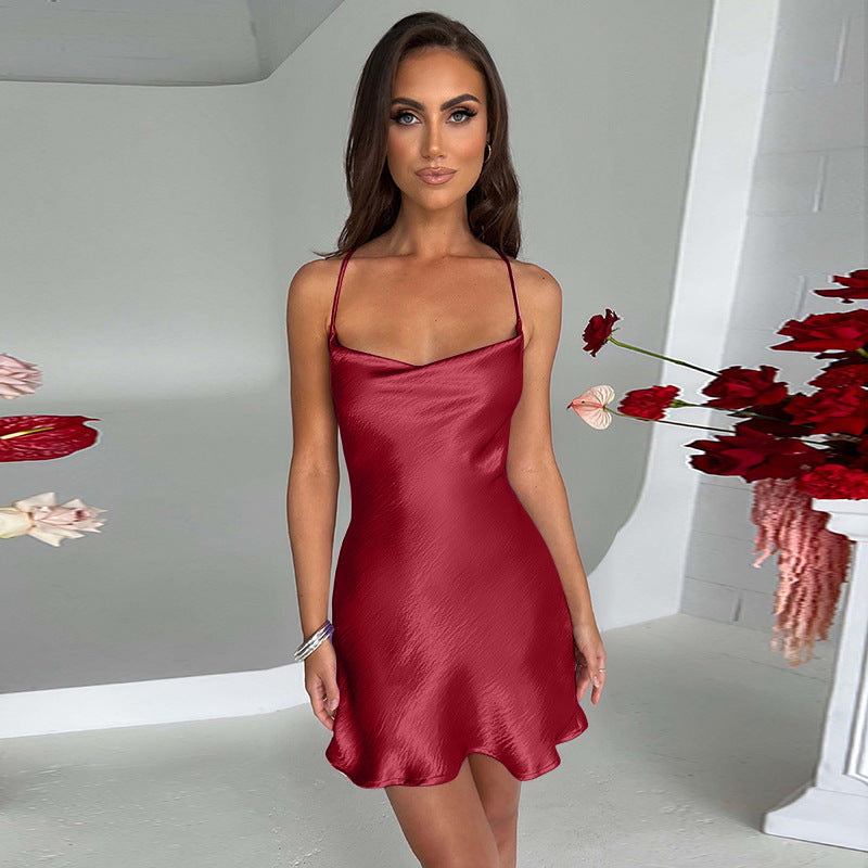 Satin Cowl Neck Spaghetti Strap Backless Slip Mini Dress