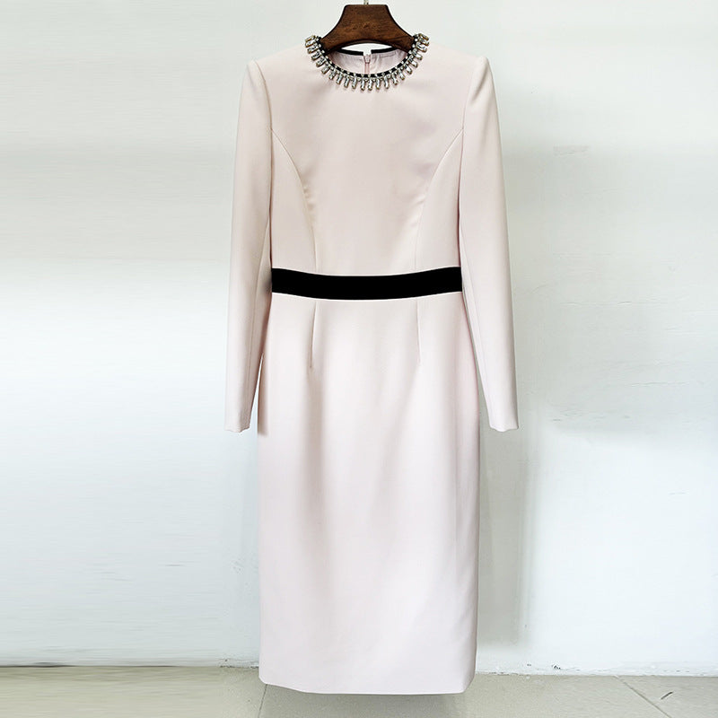 Beaded Collar Long Sleeve Belted Sheath Midi Dress