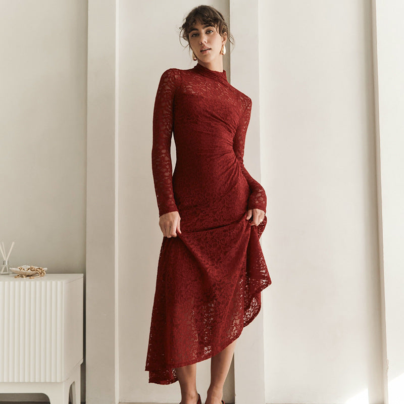Mock Neck Long Sleeve Lace Ruched Waist Asymmetric Midi Dress