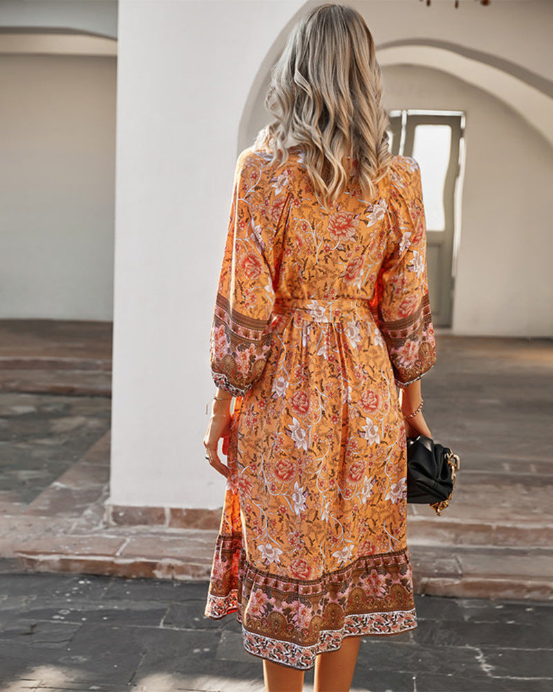 Satin Floral Ruffle Midi Dress
