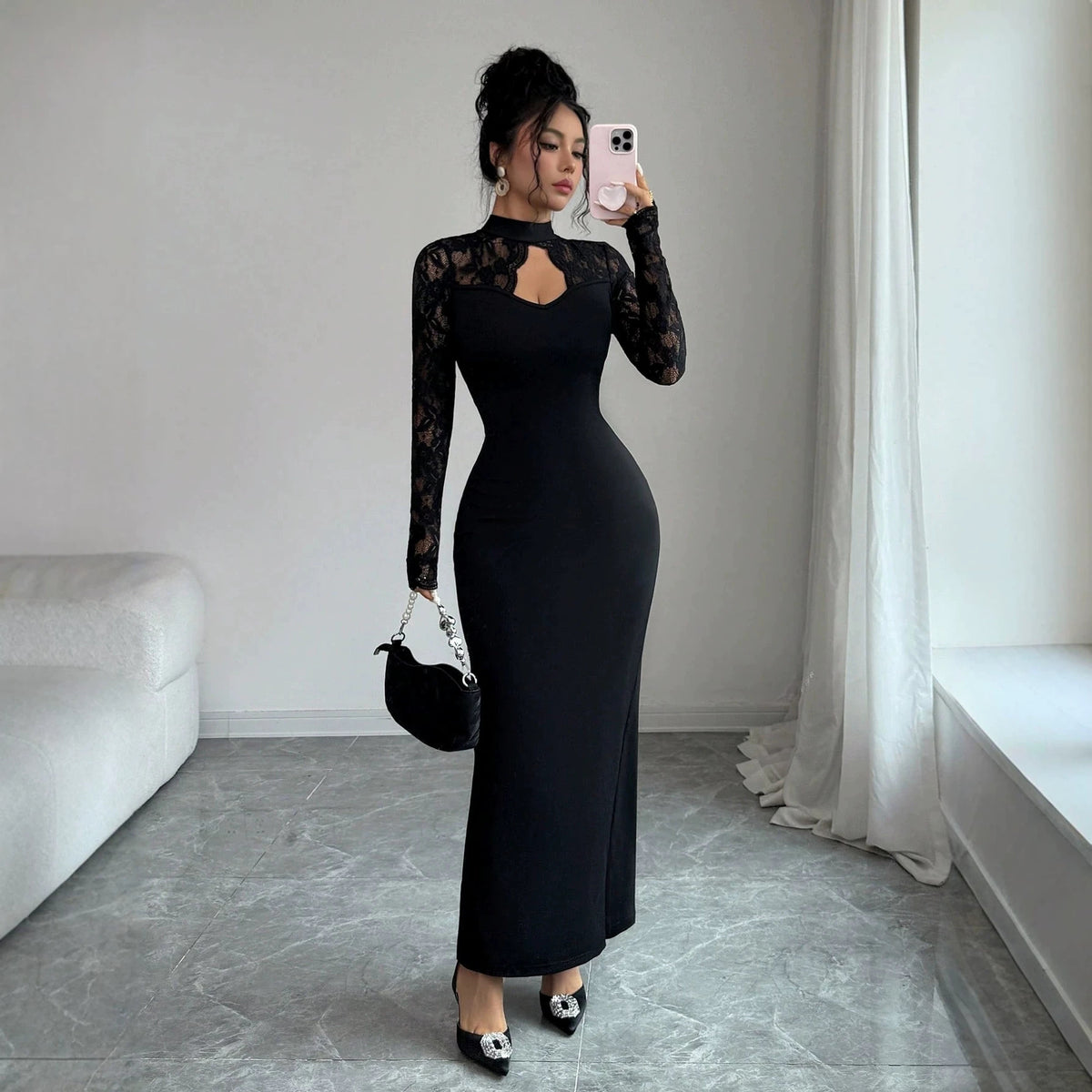 Turtleneck Hollow Out Cutout Out Strap Long Sleeve Slim Fit Maxi Dress With A Slit Hemline At Hem