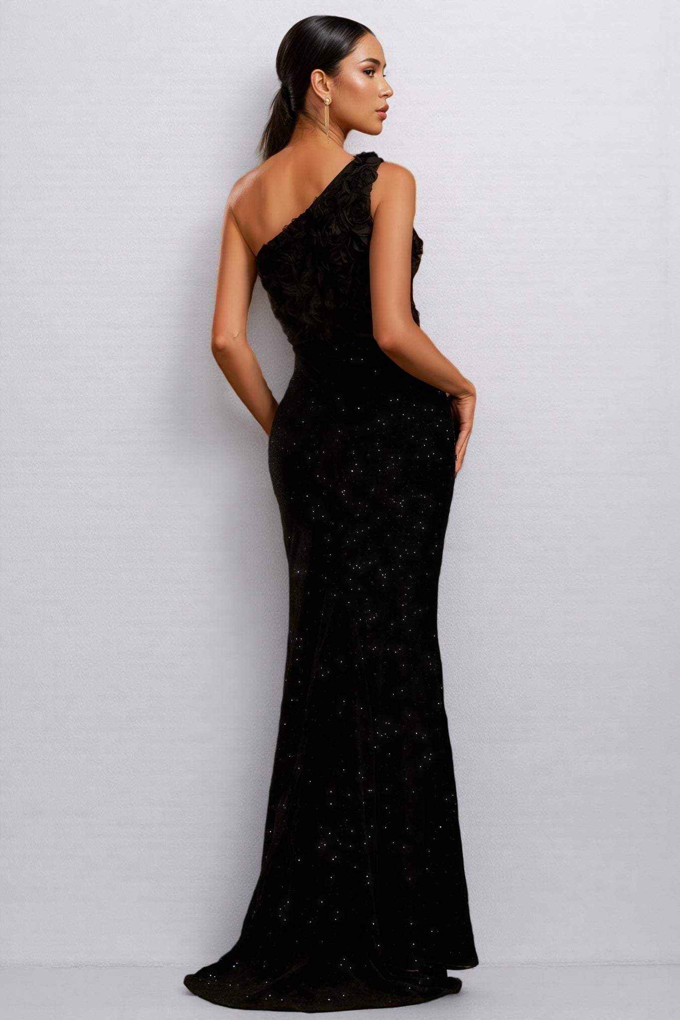 Sequin One Shoulder Floral Applique Ruched High Split Maxi Gown
