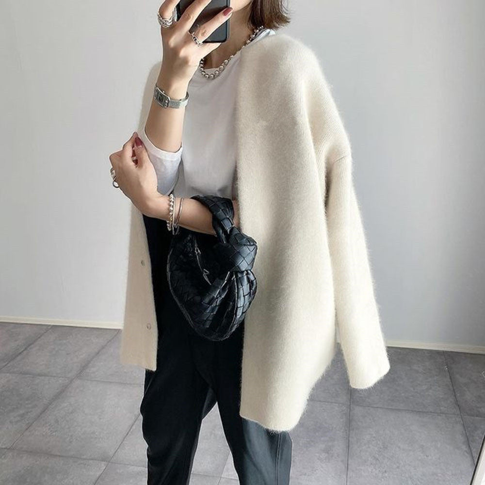 Crew Neck Button Front Oversized Knit Cardigan