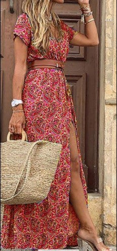 V-Neck Short Sleeve Belted High Split Tiered Boho Maxi Dress