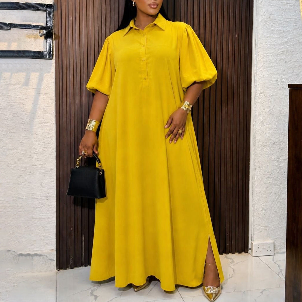 Women Wear Elegant Solid Color Polo Collar Loose Maxi Dress