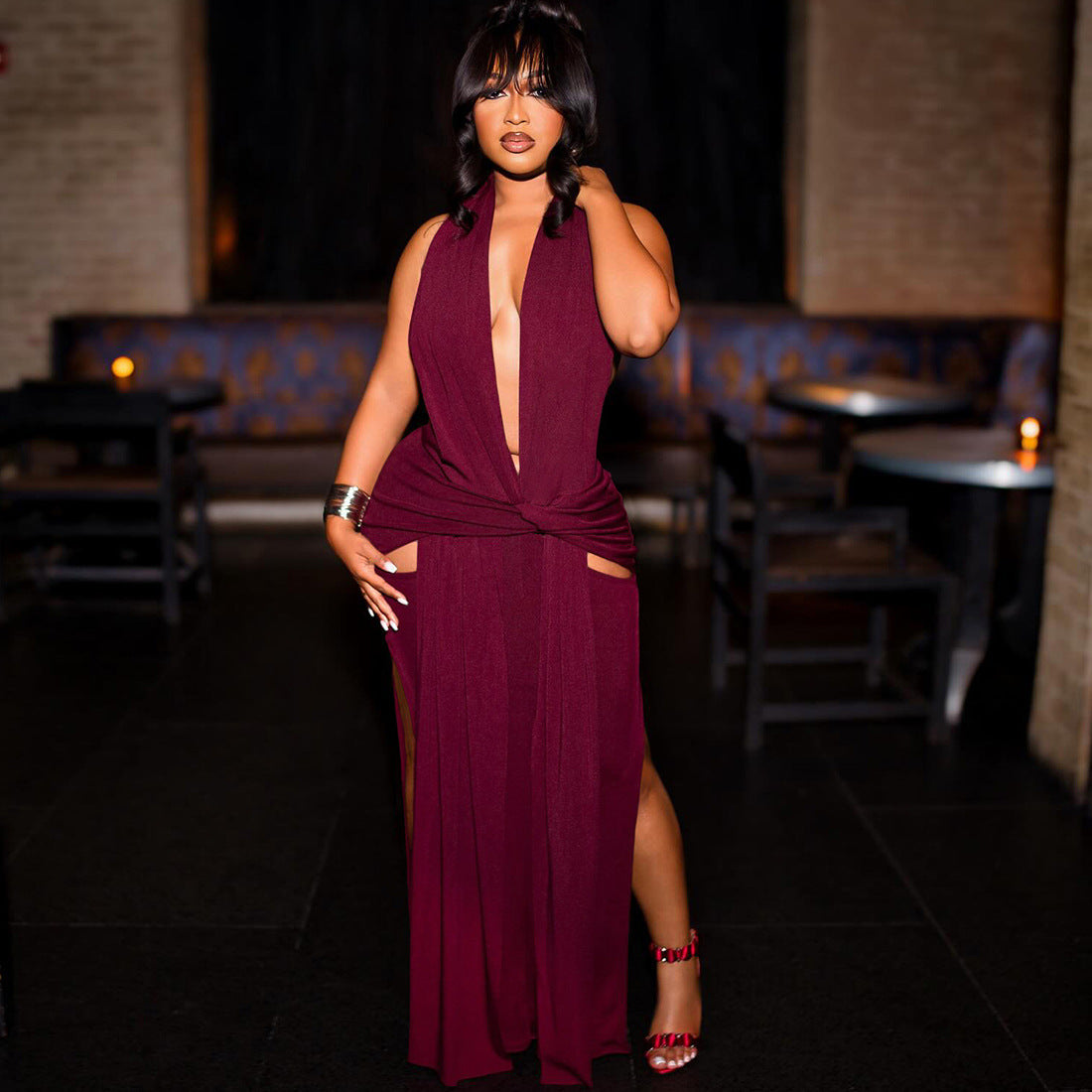 Deep V-Neck Halter Twist Front Hip Cut Out High Split Maxi Dress