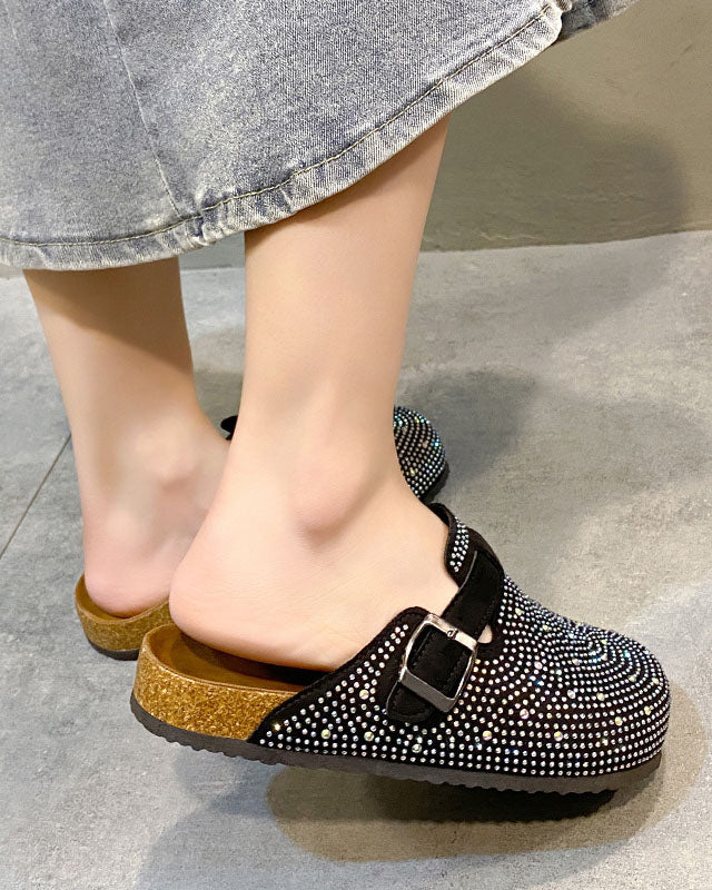 Embellished Rhinestone Closed-Toe Cork Slippers