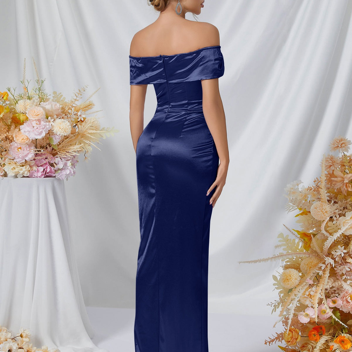 Satin Sweetheart Off Shoulder Ruched High Split Mermaid Gown