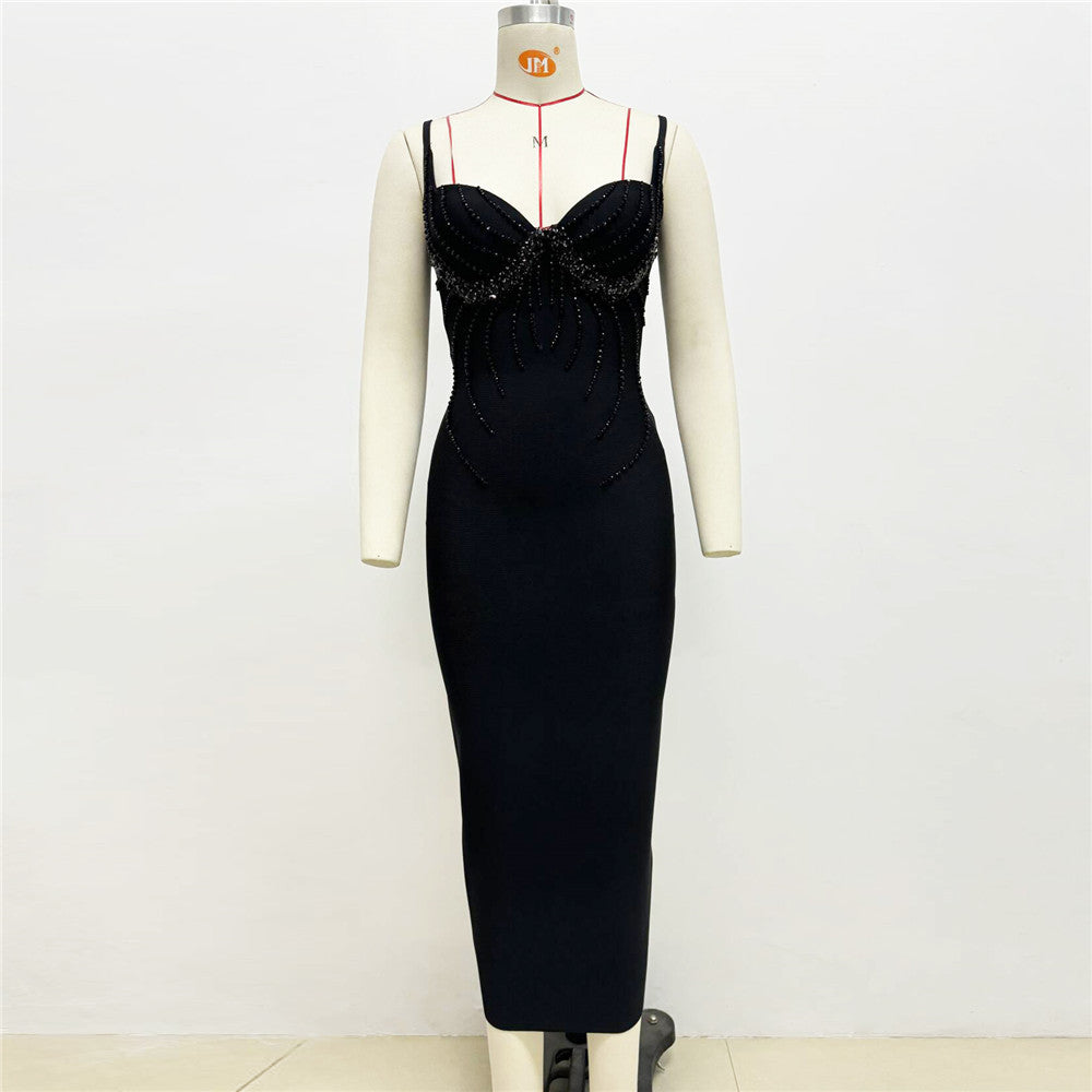 Beaded Sweetheart Spaghetti Strap Bandage Bodycon Maxi Dress