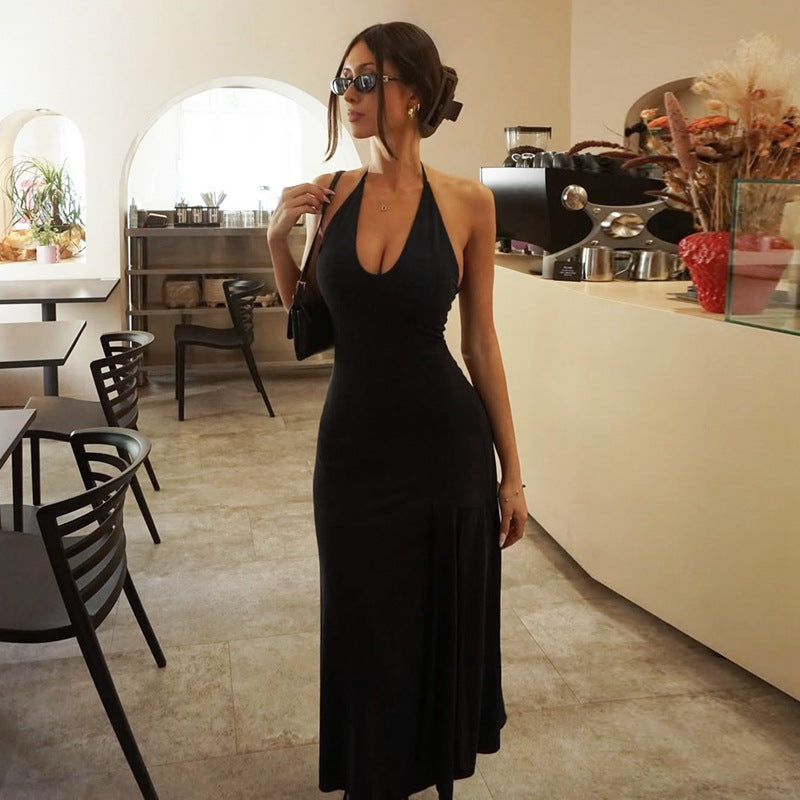 Deep V-Neck Halter Backless Sleeveless Fitted Maxi Dress