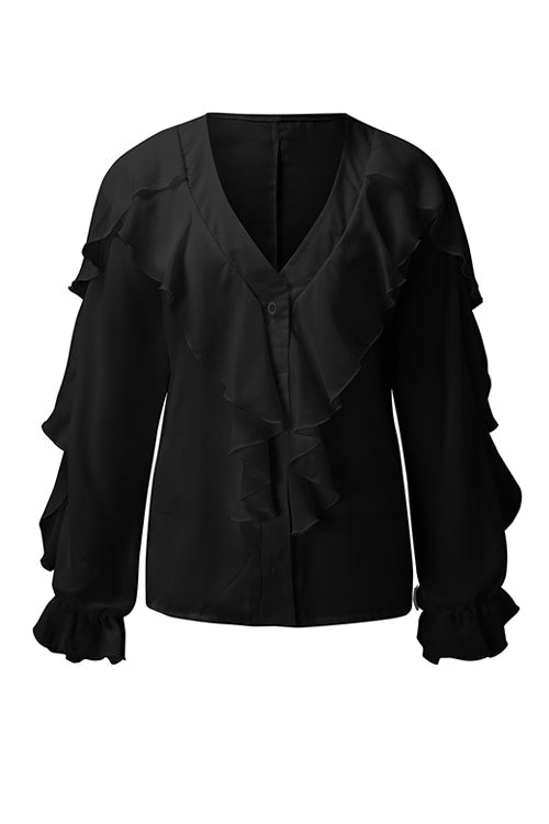 Ruffles Button V Neck Blouse