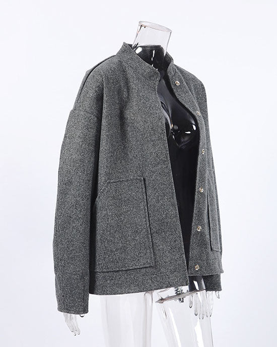 Gray Stand Collar Oversized Wool Coat