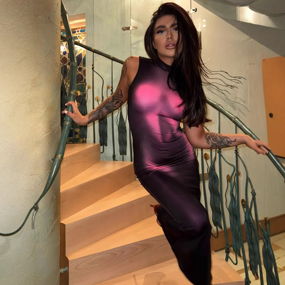 3D Body Print Mock Neck Sleeveless Bodycon Maxi Dress 2