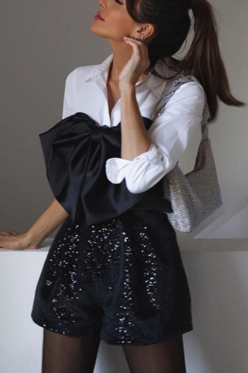 Satin Bow Halter Neck Sequin Short Romper