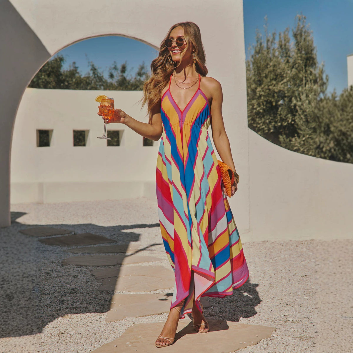 Striped Deep V-Neck Cami Handkerchief Hem Maxi Dress 2