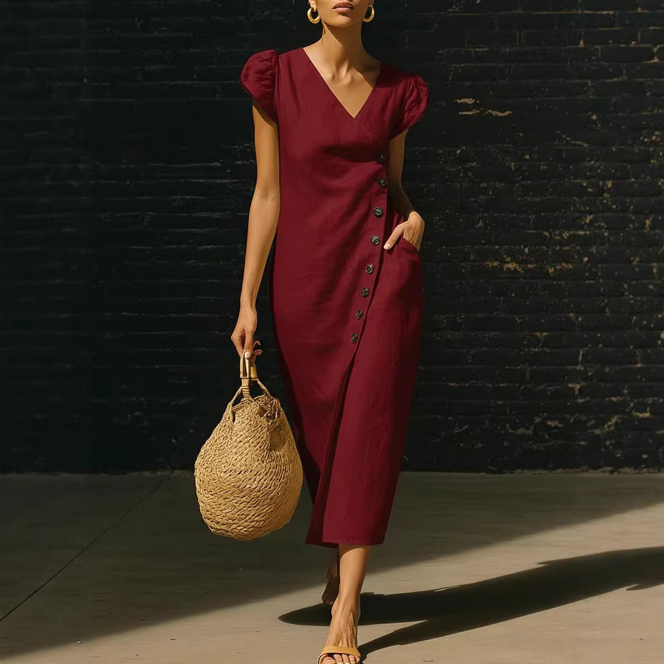 V-Neck Cap Sleeve Side Button Linen Midi Dress