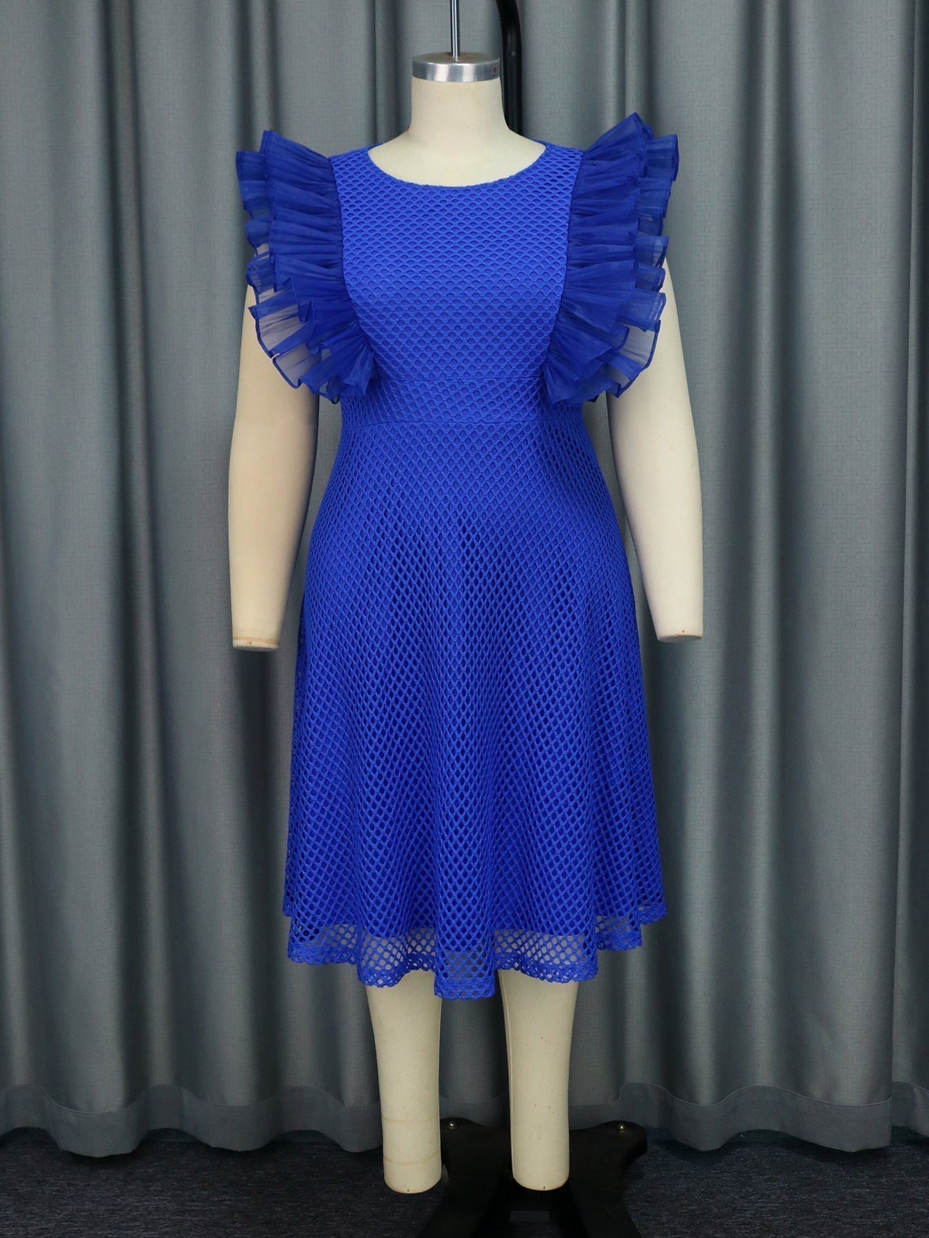 Mesh Ruffle Shoulder Fit and Flare Knee Length Cocktail Dress