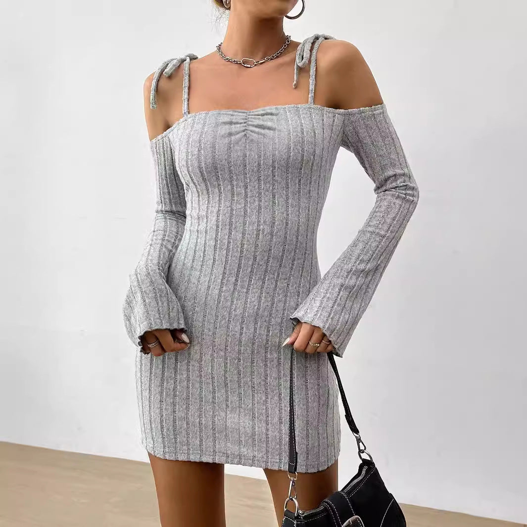 Ribbed Knit Cold Shoulder Tie Strap Long Sleeve Bodycon Mini Dress 2