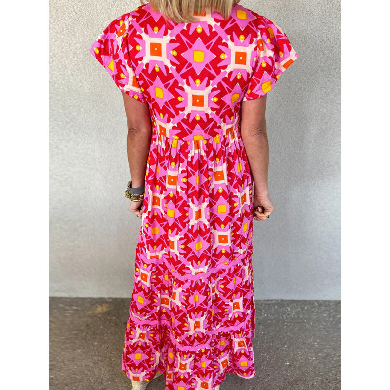 V-Neck Short Sleeve Geometric Print Tiered Maxi Dress 2