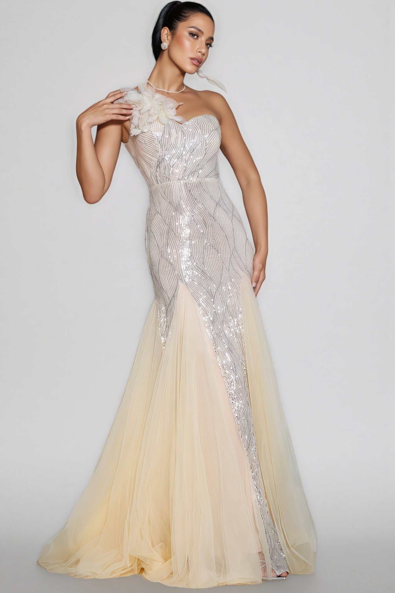 Sequin One Shoulder Floral Applique Tulle Godet Mermaid Maxi Gown