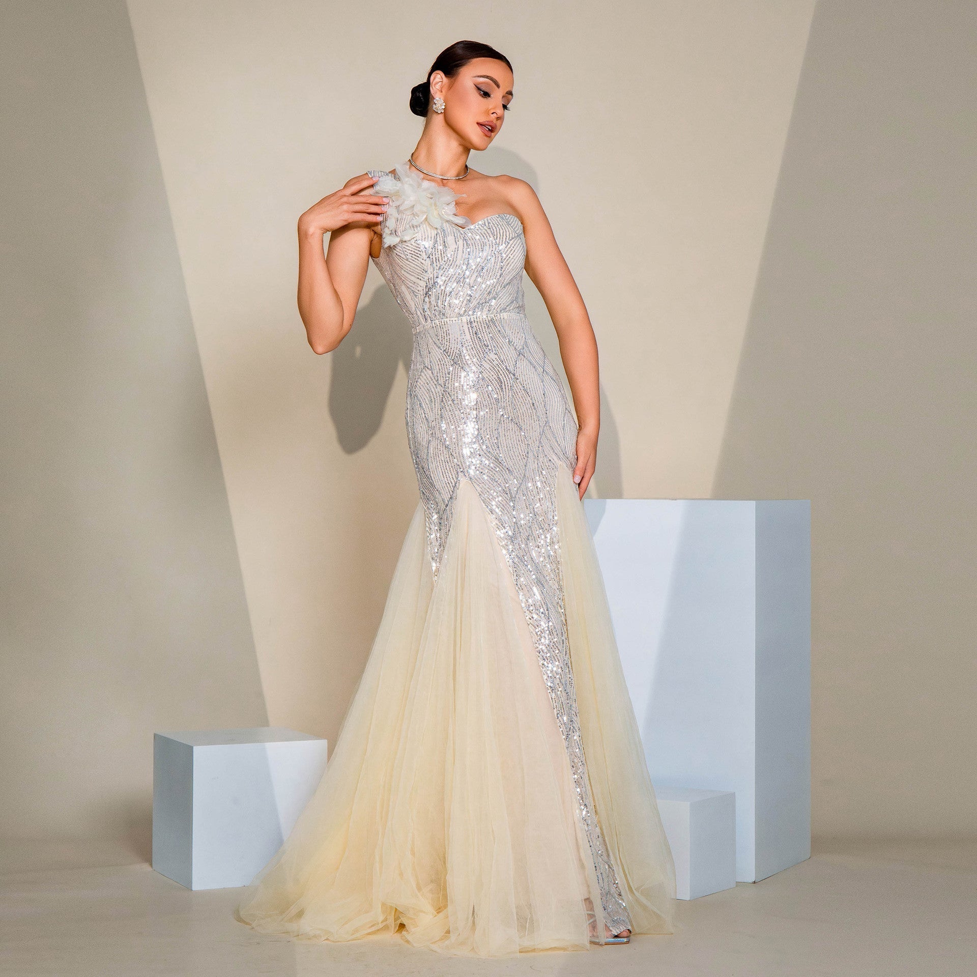 Sequin One Shoulder Floral Applique Tulle Maxi Gown