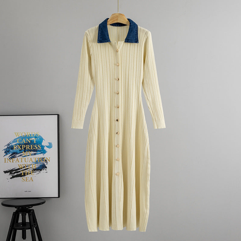 Fall Denim Stitching Collared Knitted Dress Women Waist Slimming Elegant Graceful Dress