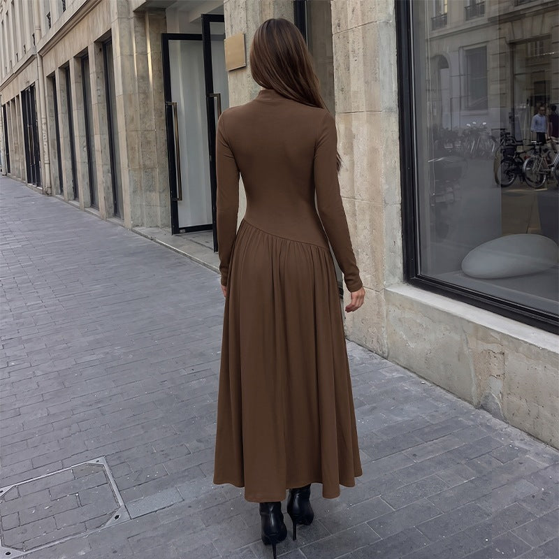 Casual Laid Back Solid Color Half Collar Stitching Long Sleeve Dress