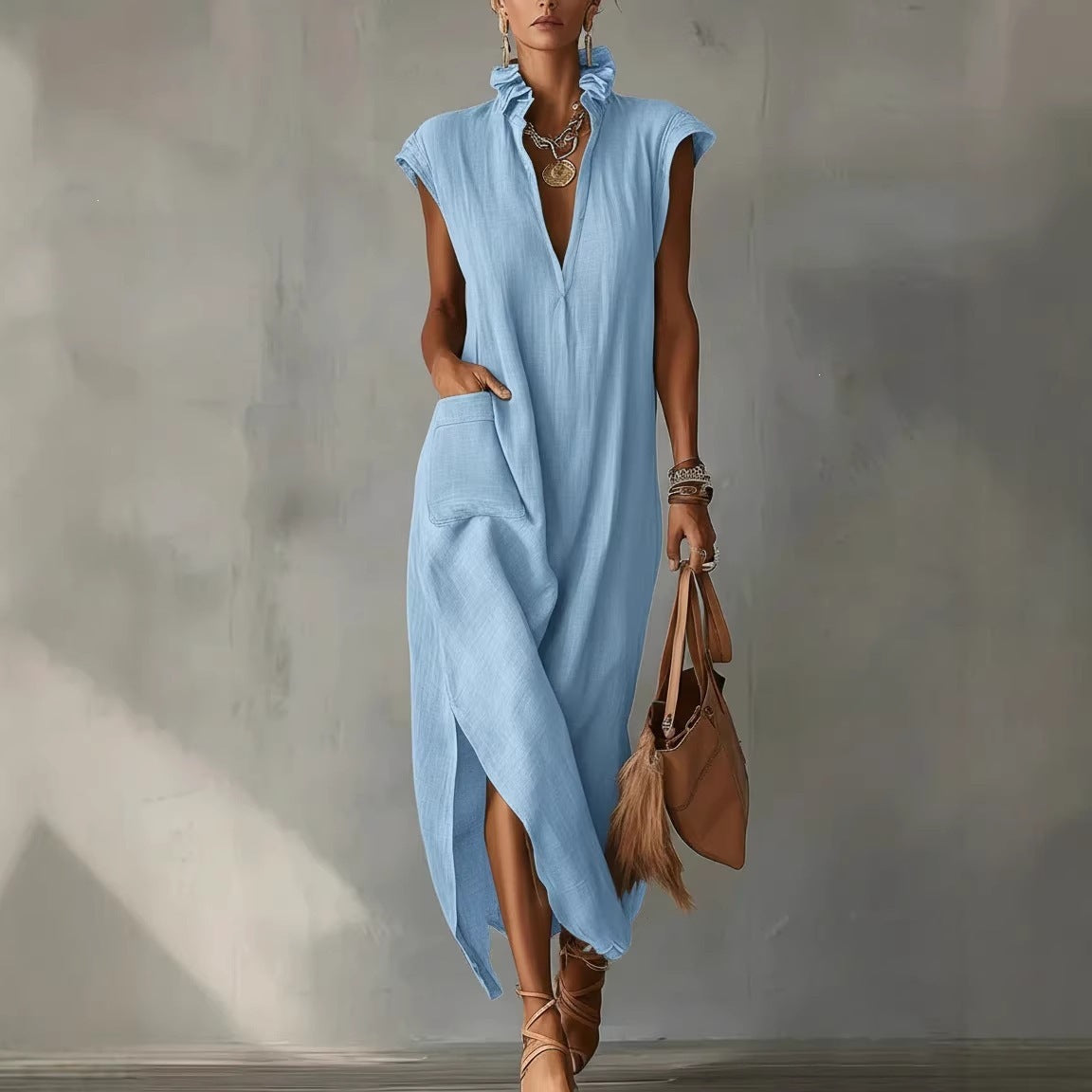 High Neck Cap Sleeve High Split Pocket Maxi Dress