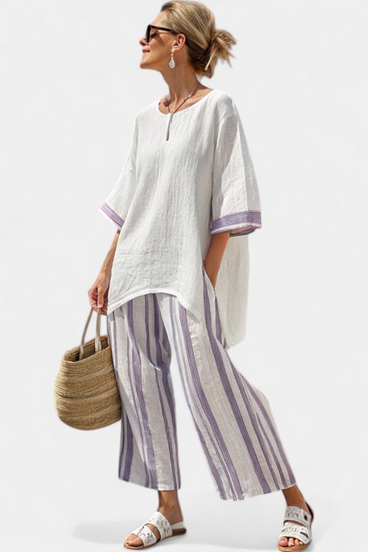Notch Neck Top and Striped Wide Leg Pants Two Piece Set
