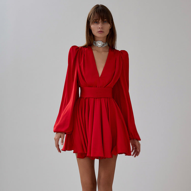 Ruched Puff Sleeve V Neck Waist Belt Satin A Line Mini Dress - View 5