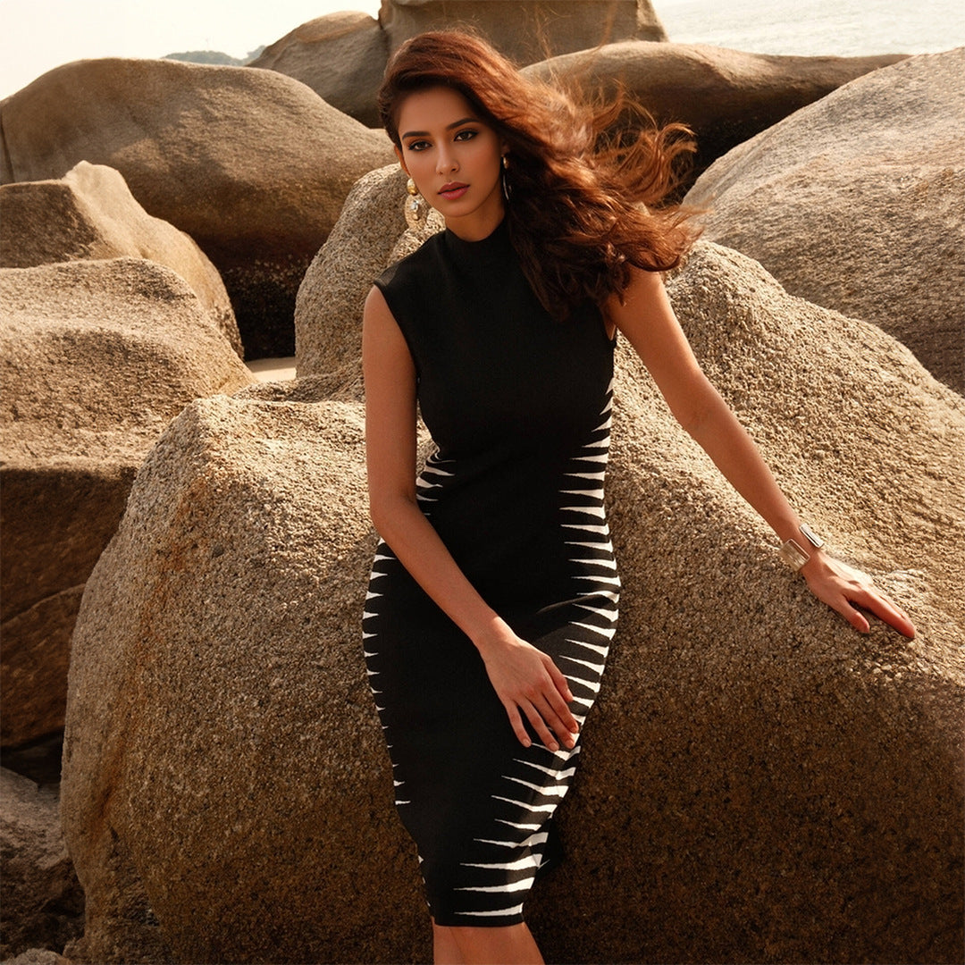Stripe Panel Mock Neck Sleeveless Bandage Bodycon Midi Dress