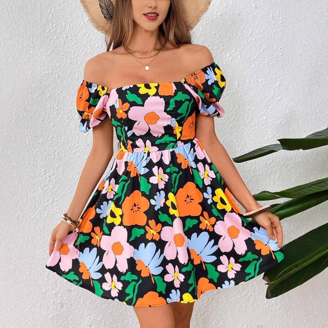 Floral Print Square Neck Puff Sleeve Tie Back Open Back Mini Dress