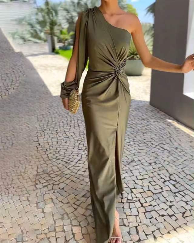 One Shoulder Long Puff Sleeve Twist Front Ruched High Split Midi Dress