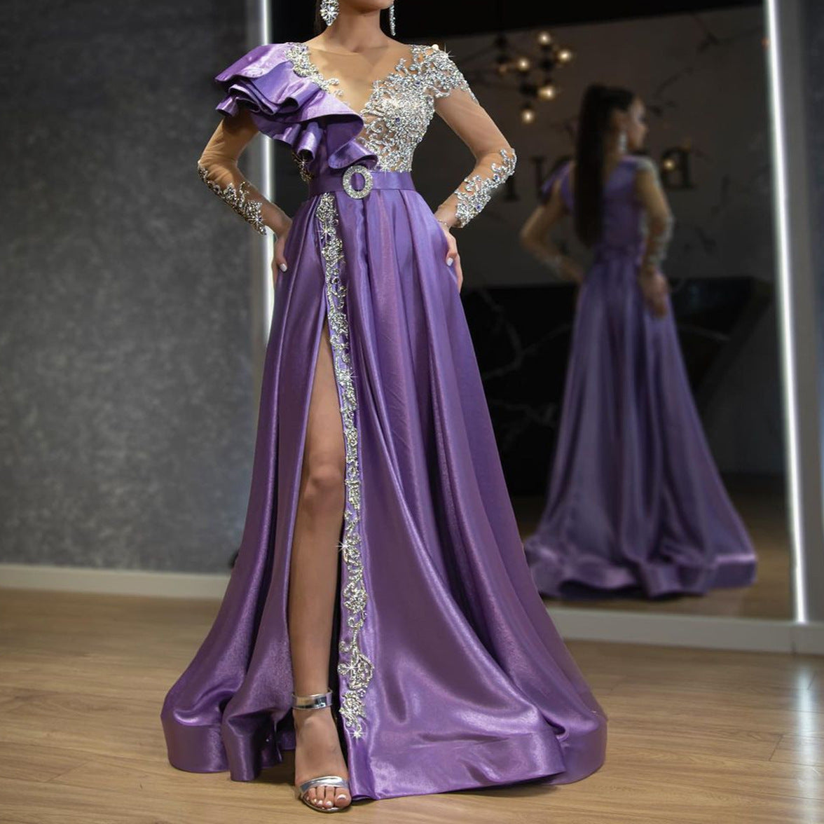 One Shoulder Ruffle Mesh Floral Embroidery Belted High Split Maxi Gown