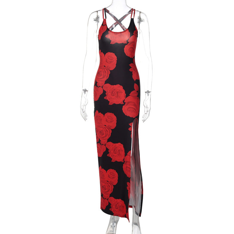 Rose Print Scoop Neck Cross Back High Split Bodycon Maxi Dress 4