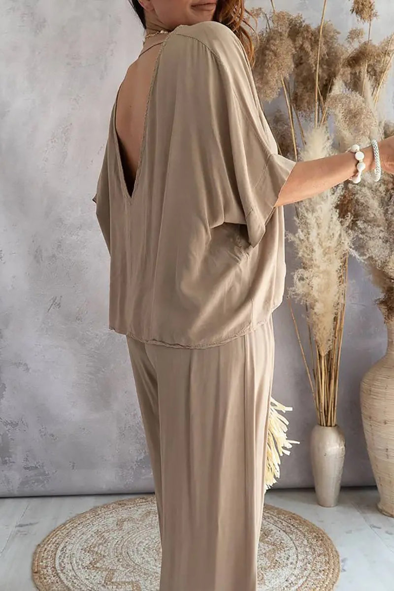 V Neck Bat Blouse Pants Set