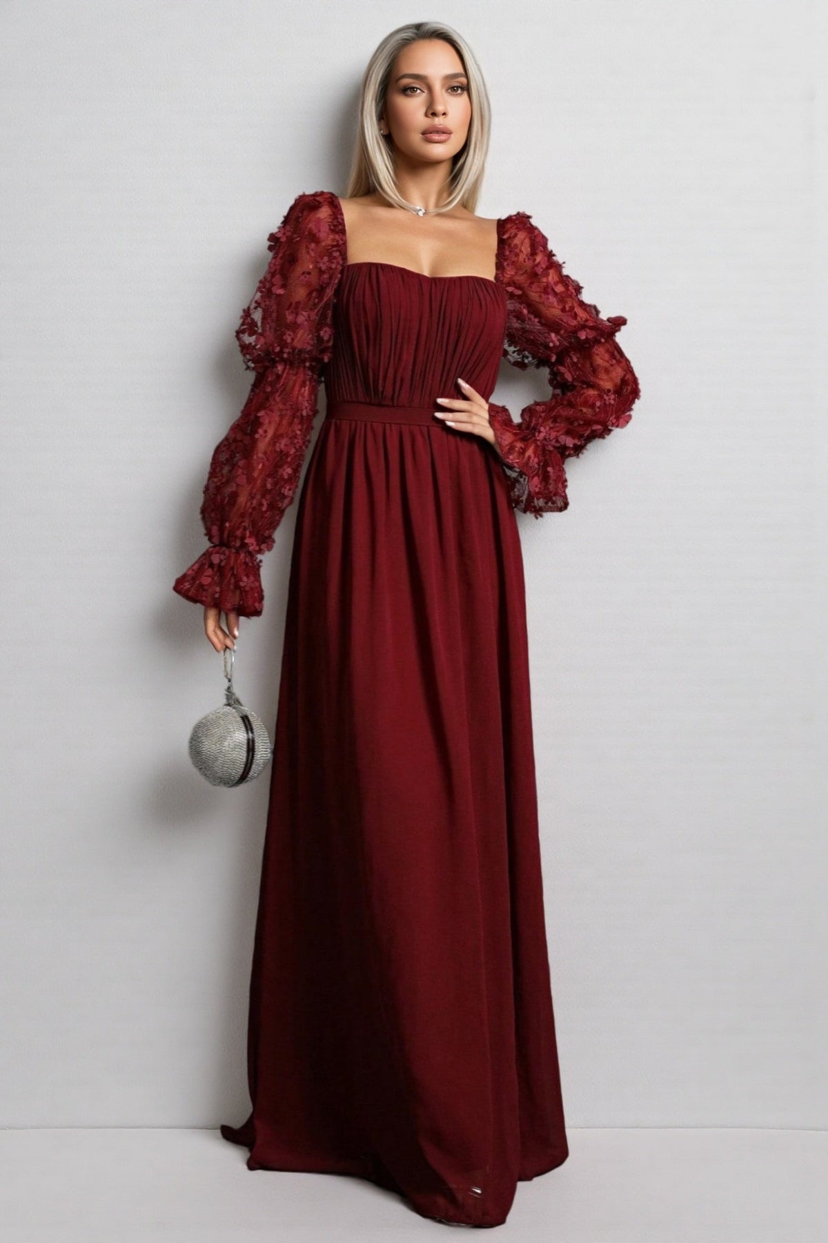 Square Neck Floral Applique Puff Sleeve High Split Maxi Dress 4