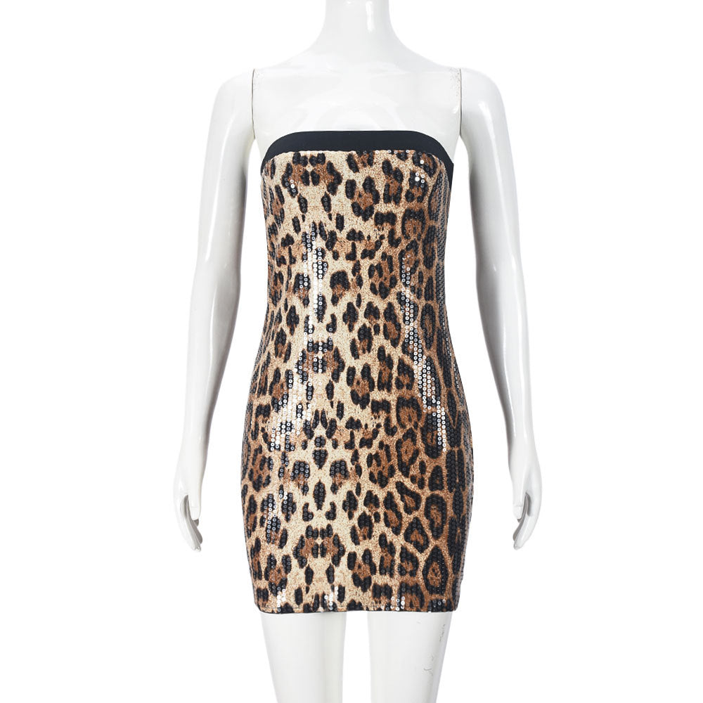 Sequin Leopard Print Strapless Contrast Trim Bodycon Mini Dress 2