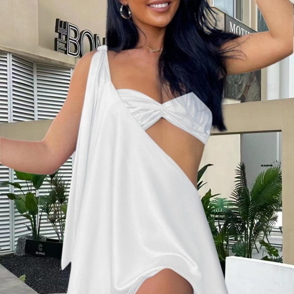 One Shoulder Twist Front Cut Out Flowy Mini Dress