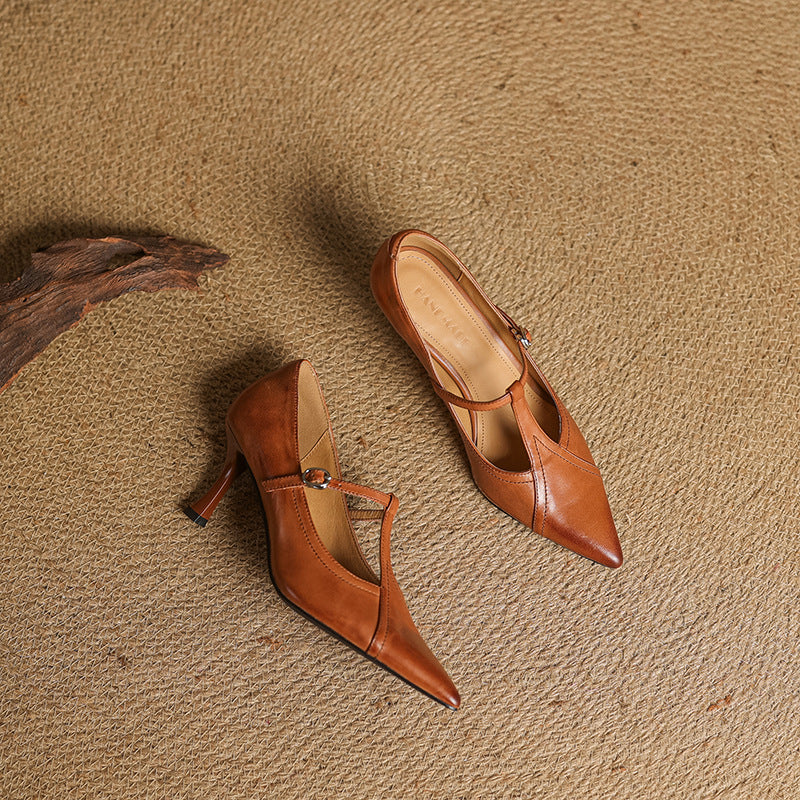 Pointed Toe T-Strap Buckle Stiletto Pumps