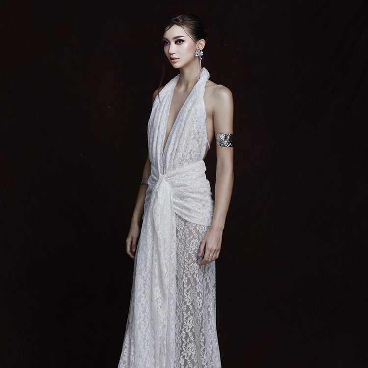 Lace Halter Neck Deep V-Neck Twist Front Sheer Skirt Maxi Gown 3