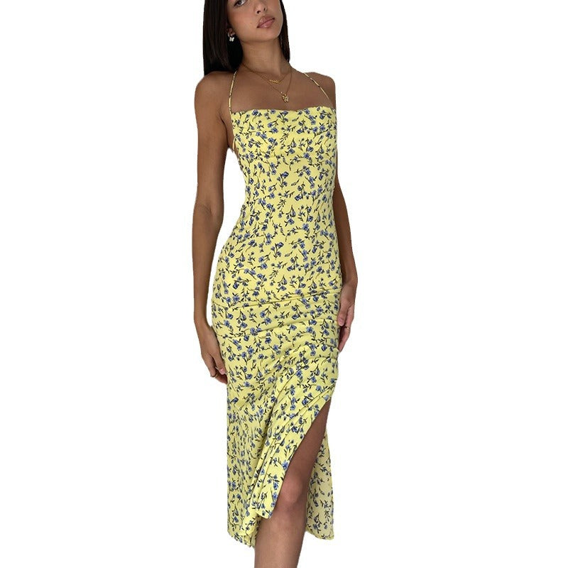 Halter Neck Floral High Split Backless Slip Maxi Dress