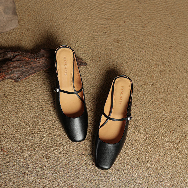 Square Toe Buckle Strap Block Heel Mary Jane Mules
