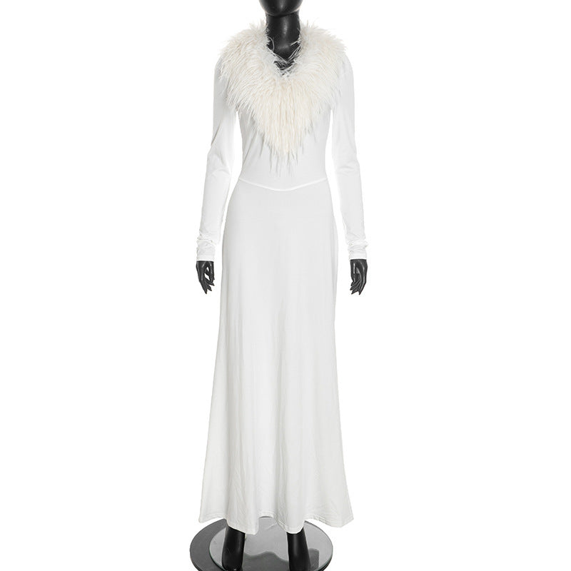 Faux Fur Collar V-Neck Long Sleeve Bodycon Mermaid Maxi Dress 3