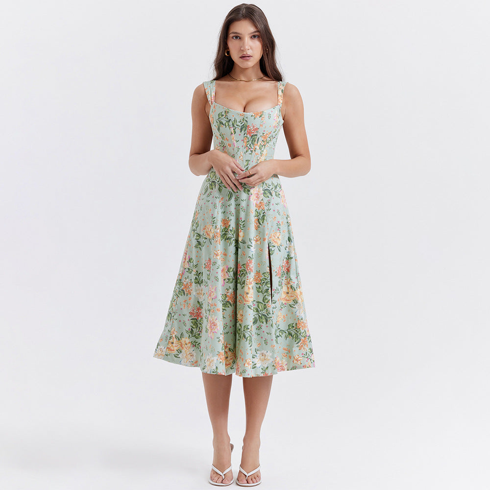 Floral Corset Wide Strap High Split Fit and Flare Midi Dress