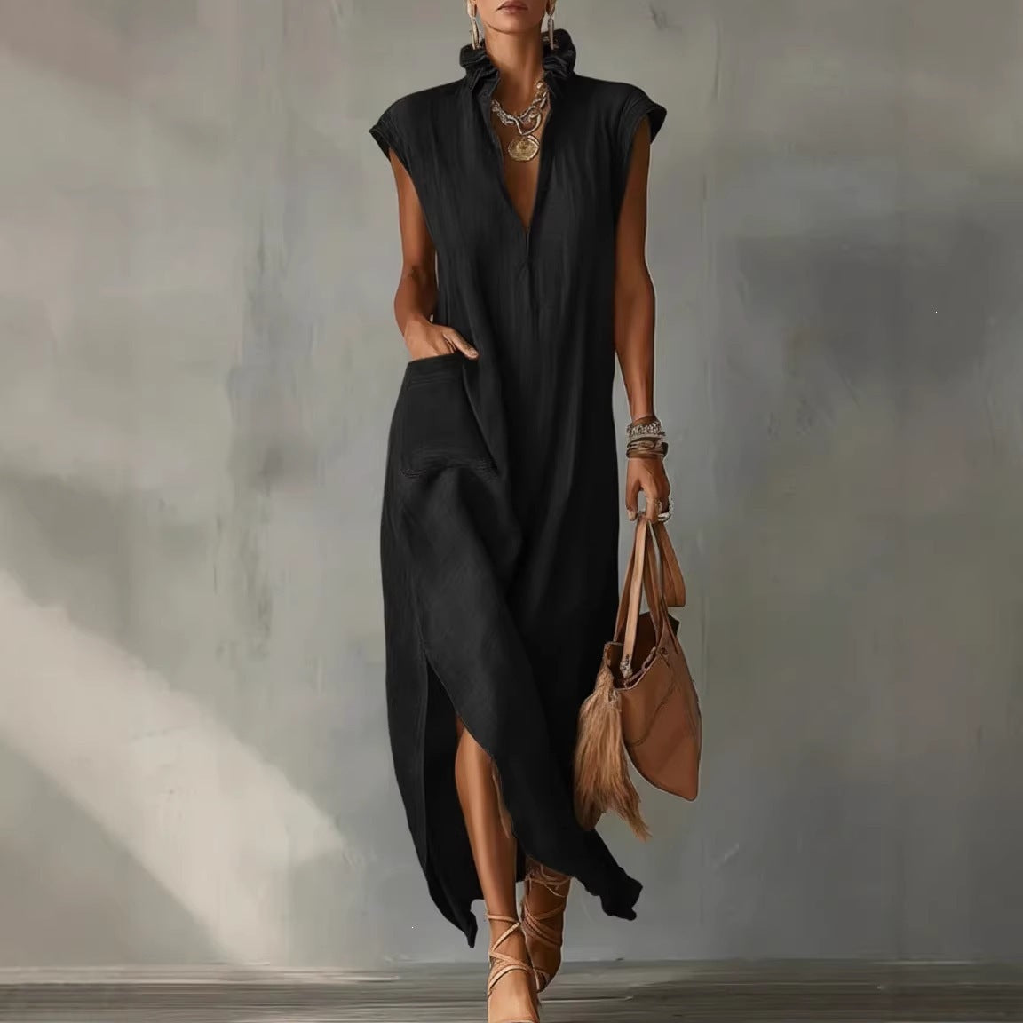 High Neck Cap Sleeve High Split Pocket Maxi Dress 5